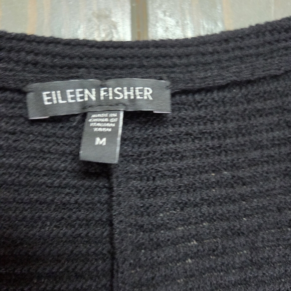 Eileen Fisher Black Wool Tunic Dress M Textured Knit V Neck Oversized Minimalist - Picture 4 of 10